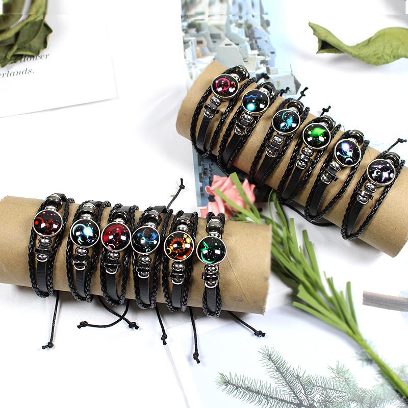 Leuchtendes Zwölf Sternbilder Kunstedelstein Armband ;Perlenseil PU-Leder 12 Sternzeichen Gewebtes Armband