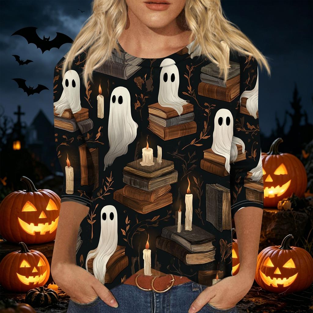 Women's Casual 3/4 Sleeve Halloween Print Pullover Top Round Neck Lightweight Loose Fit Shirt for Fall and Everyday Wear