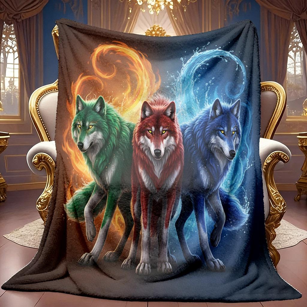 1pc 2D Three Divine Beasts Wolf-Themed Pattern Flannel Blanket, Soft HD Digital Print, Cooling Blanket Suitable for All Seasons! Soft And Breathable 1