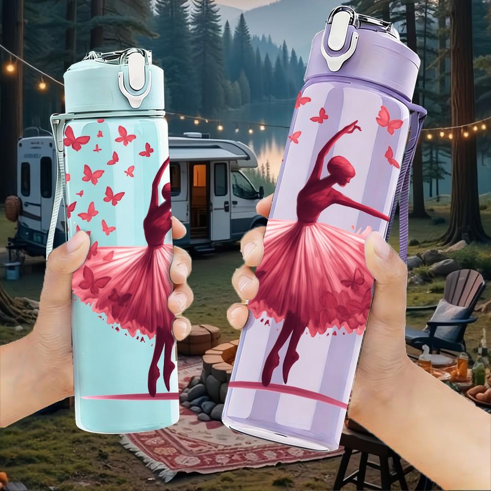 1PC Ballerina Dancer Heart Flower Print 750ml Color Plastic Sports Water Bottle Leakproof Flip Straw Lid Suitable for Sports Office Home Use