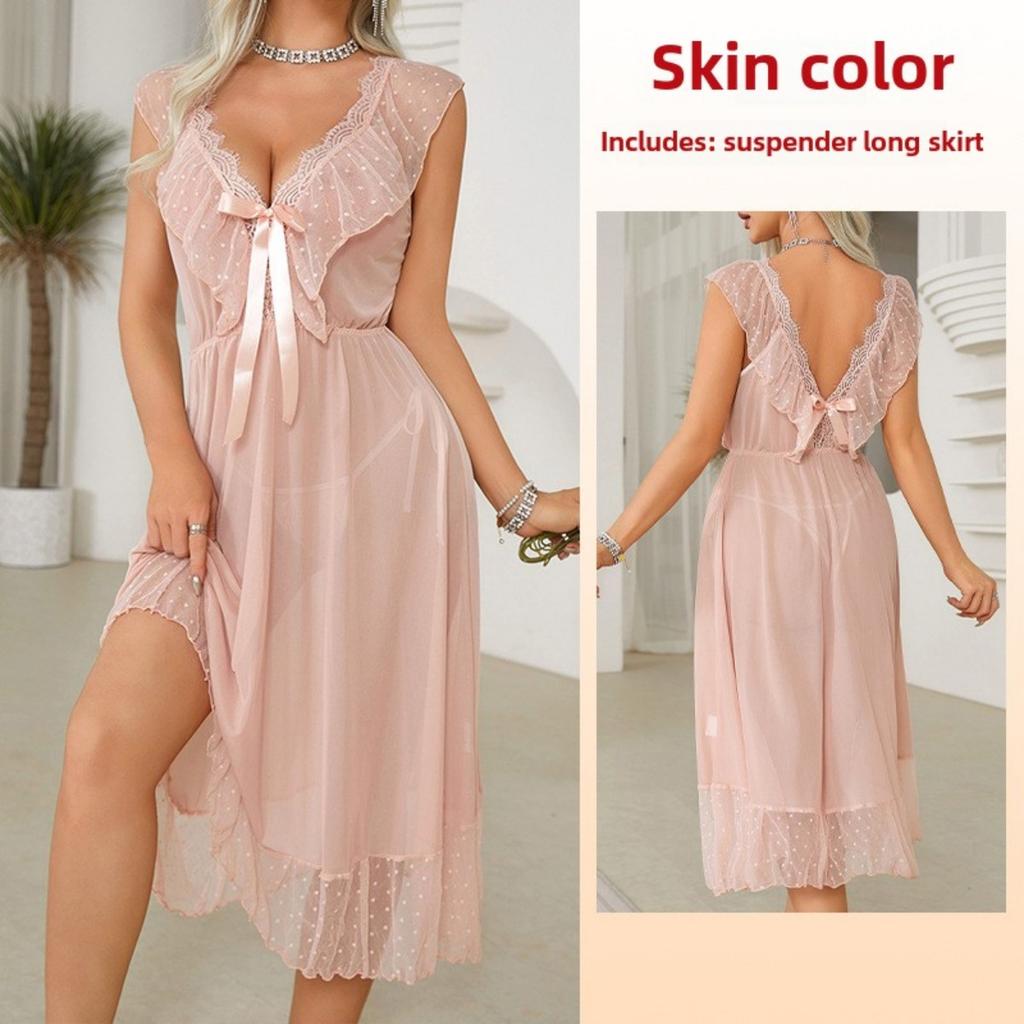 Sexy Polka Dot Nightdress Princess Style Suspender Skirt Mesh Private Room Pajamas Backless Wear