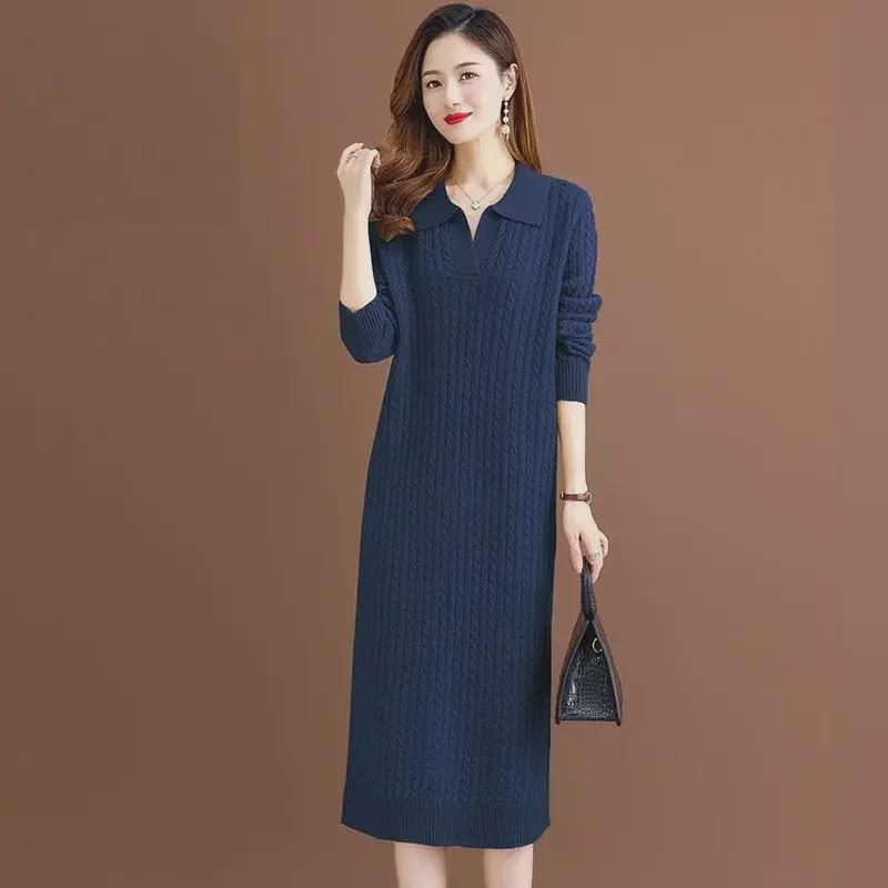 2024 Autumn-Winter Women's Korean Style Knitted Lapel Sweater Dress - Over the Knee, Medium-Length, Loose Fit
