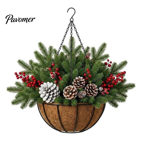 Winter Front Door Decoration Artificial Christmas Hanging Basket with Pine Branches, Red Berries & Pinecones, Natural Style Porch Decor Pre-lit