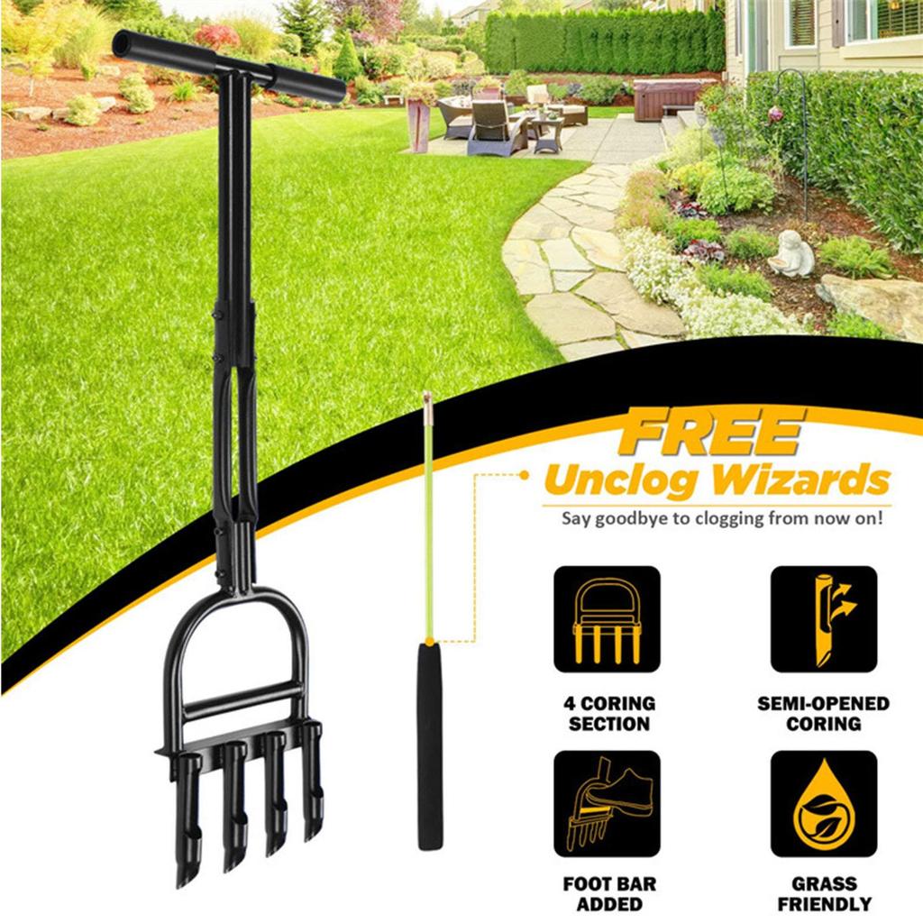 Plug Aeration Lawn Aerator Coring Tool, Manual Plug Core Aerators & Clean Tool, Yard Aeration Tools with 4 Hollow Slots 36.2” X 11.4”Size