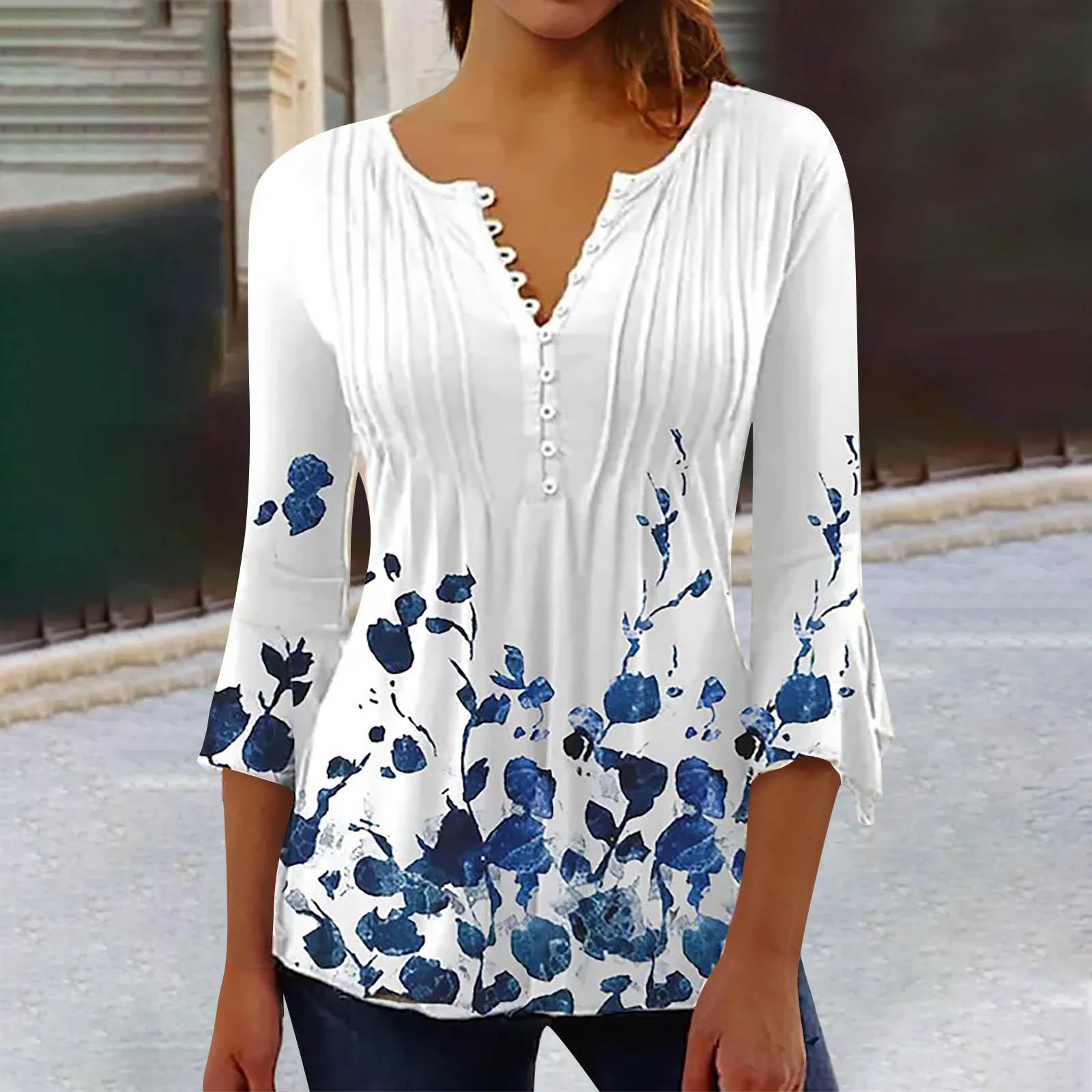 

Женская футболка с v-образным вырезом и коротким рукавом с цветочным принтом и пуговицами L синий