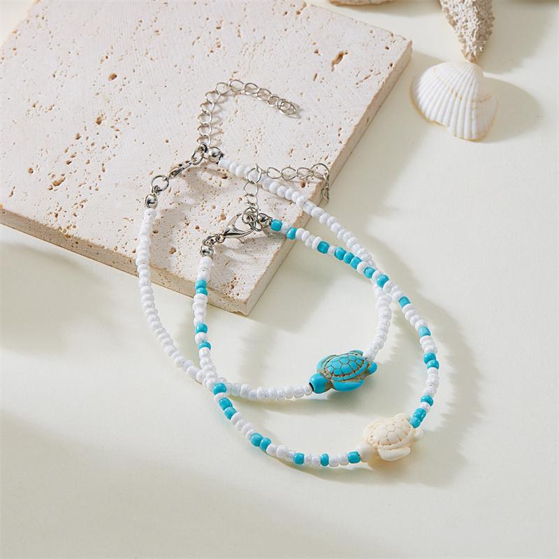 Cute Blue Starfish Beaded Anklets Set for Girls Matching Handmade Elastic Foot Bracelets Summer Holiday Jewelry Best Friend Gift