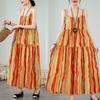Übergröße Neckholderkleid Urlaub Rustikal Bedrucktes Baumwollleinenkleid Locker Großer Saum Damenkleider