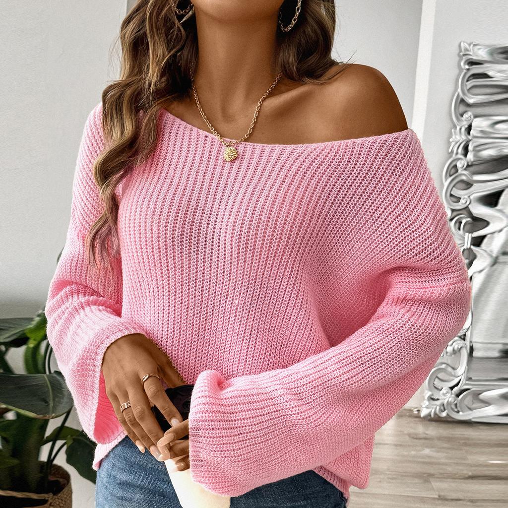 Women'S Pullover Sweater Top Loose One Line Neck Off Shoulder Flare Sleeve Sweater