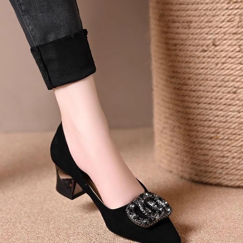 Rhinestone Low-heeled Shoes Pointed Single Shoes Women's New Women's Fashion Black Not Tired Feet Women's Shoes Autumn Light Mouth Shoes
