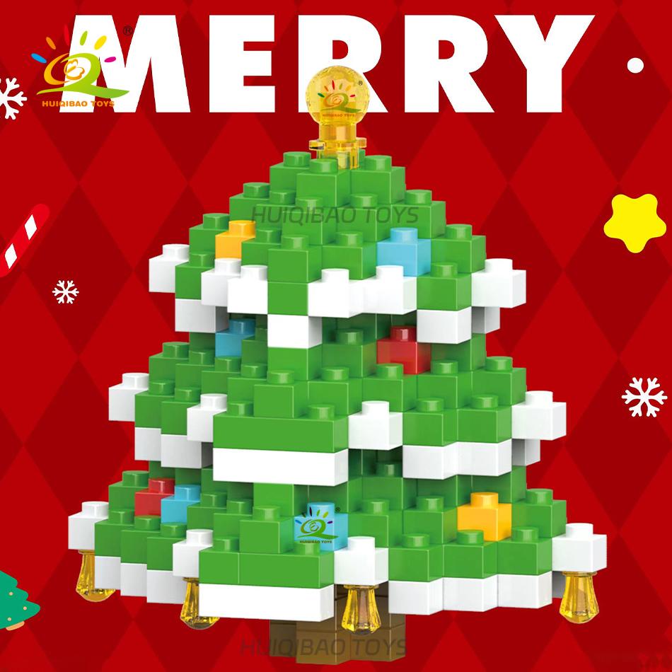 HUIQIBAO Mini Christmas Tree Santa Claus Children Train Model Micro Bricks Building Block Snowman Elk Bricks Toys New Year Gift