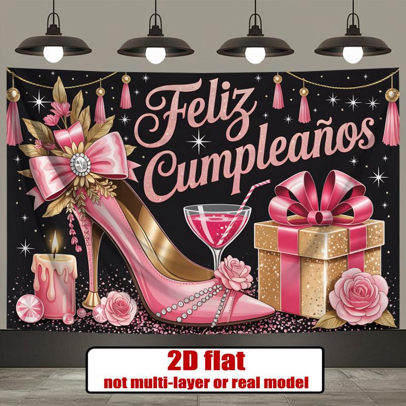 2D Plane 1-piece Product. Spanish-style Shiny Rose Gold Birthday Banner - Hanging Polyester Decoration. 2D Plane