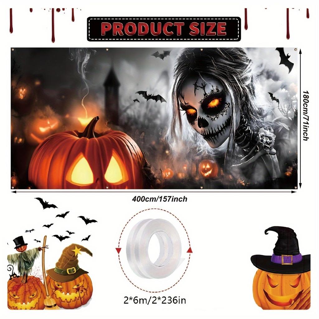 Halloween garage sign depicting a terrifying female skeleton with glowing eyes.PMJ
