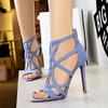 Women Roman style Thin High Heels Pumps Pointed Toe Suede Hollow Strap Party Shoes Solid Solid Ankle Zip Summer Sandals