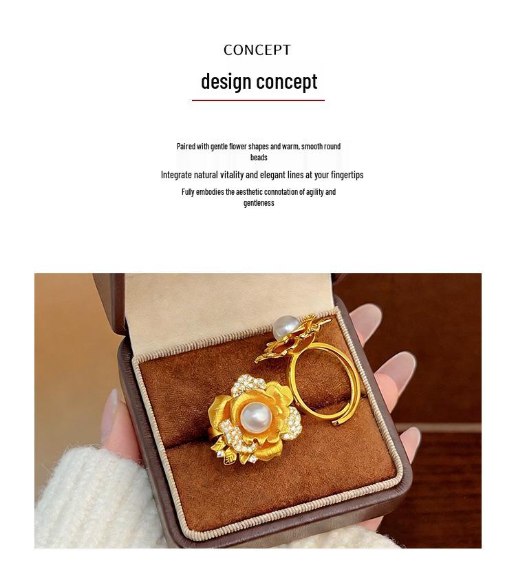 Rose Flower Ring: Gold-tone, Faux Pearl, Diamond Accent, Adjustable Index Finger Jewellery