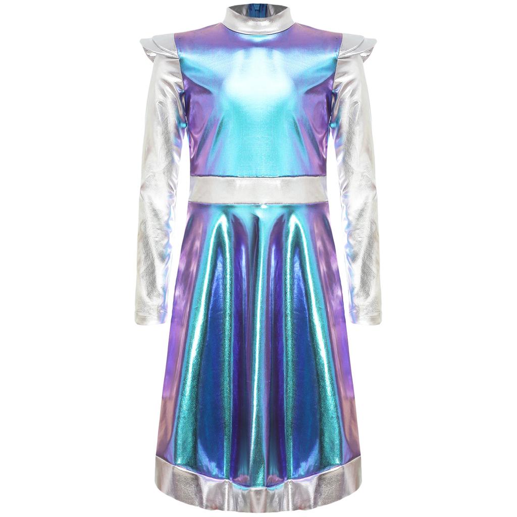 Girls Outer Space Cutie Costume: Shimmering PU Patchwork Alien Dress for Halloween & Sci-Fi Role Play Parties