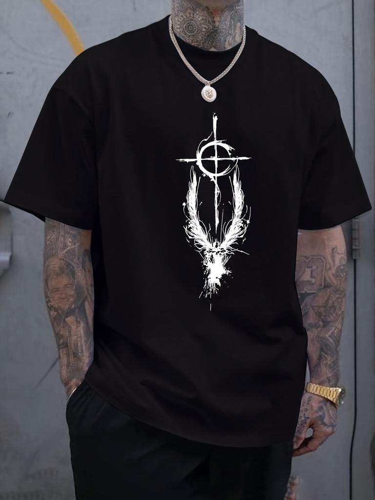 Unisex Summer Cotton Short Sleeve T Shirt Ink Splatter Cross Wing Target Print Crew Neck Abstract Street Casual Male Tee