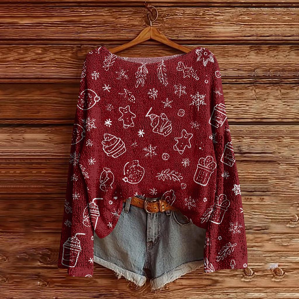 Women's Christmas Print Lightweight Sweater Casual Long Sleeve Knitted Pullover