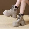 8CM Women New Autumn Winter Leather Mid-calf Boots Chunky Heels Motorcycle Boots Woman Thick Bottom High Platform Short Booties