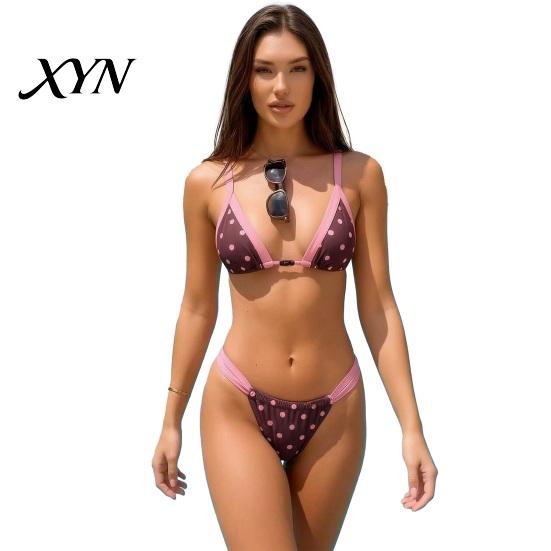 High Cut Bikini 2Pcs/Set Women Set, Halter Adjustable Straps Bra, Low Waist Summer Beachwear Briefs, Dot Print Bathing Suit for Beach Vacation