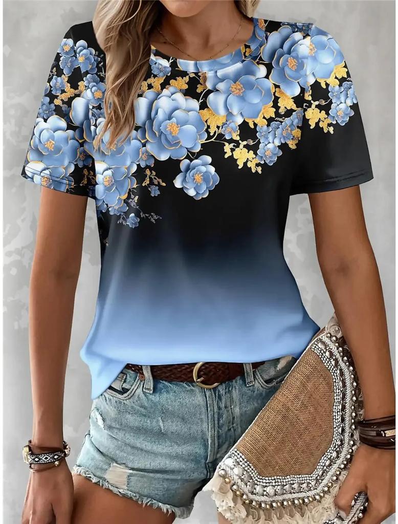 Summer Women's Y2k Floral Casual Holiday 3d Print Color Gradient Short Sleeve Tees Fashion Crew-neck T Shirts For Women