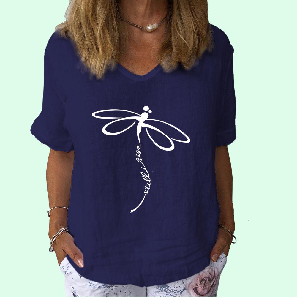 Women Fashion Cotton Linen T-shirt Casual V Collar Short Sleeve Top Ladies Print Tee Shirt