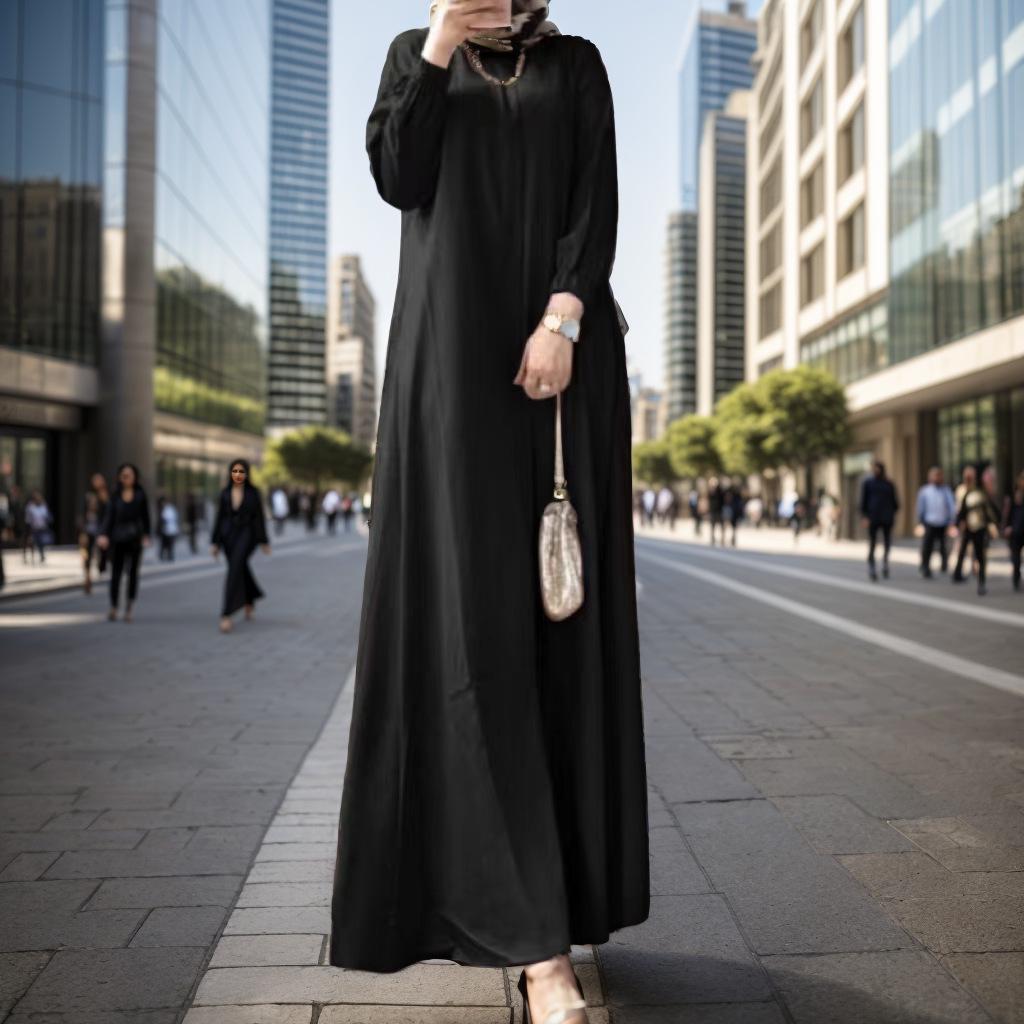 New Plus Size Muslim Women's Casual Long Sleeve Robe Dress - Solid Color