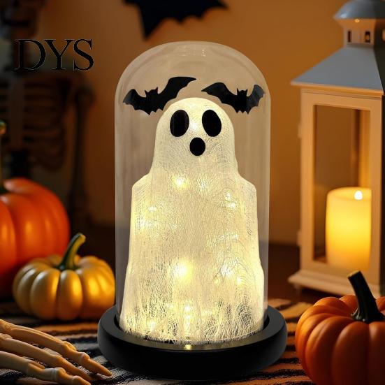 Tabletop Halloween Decor Light Up Ghost In Dome Cloche, Cute Night Wireless Ambient Lighting with Bats for Home Kitchen Mantel Holiday Party Creative