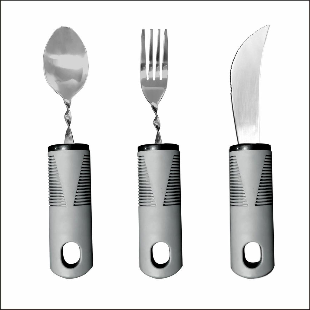 Stainless Steel Adaptive Foldable Utensil Set with Anti-Shake Rubber-Plastic Handle for Elderly Rehabilitation (Knife, Fork, Spoon)