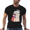 Stack of Books and a Chubby Cat T-Shirt Casual Graphic Print Tee