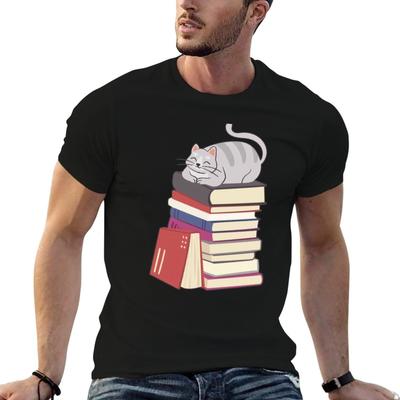 Stack of Books and a Chubby Cat T-Shirt Casual Graphic Print Tee