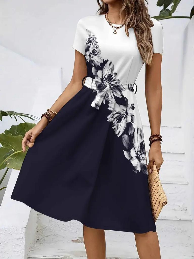 2026 Women's Casual Printed Belted Dress, European & American Summer Bestseller