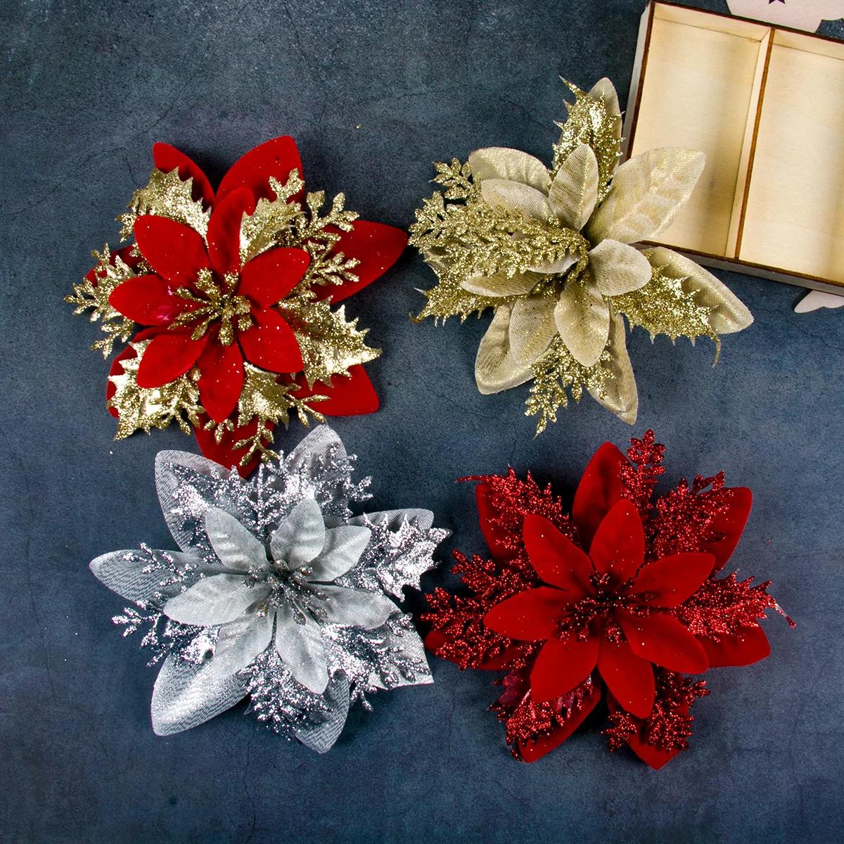 

30pcs 15cm Glitter Christmas Flowers Artificial Poinsettia Flower Head Xmas Tree Ornament Home Decoration Navidad new year 10pcs