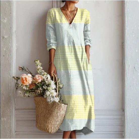 Abito Midi da Donna con Scollo a V, Stampa Floreale Grande, Manica Lunga, Vestibilità Larga, Stile Boemo, Casual, Vestito Estivo da Spiaggia con Tasche