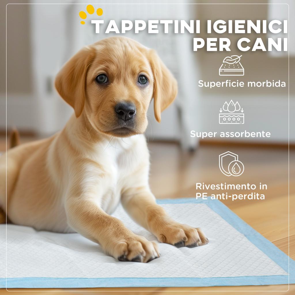 Set of 100 6-Layer Non-Woven, Paper, and PE Dog Toilet Pads, 45x60 cm, Blue and White