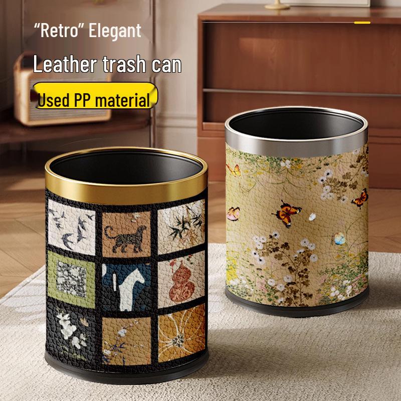 Cestino per la spazzatura in pelle retrò He Mu Cheng per soggiorno e camera da letto - Di alta gamma, grande capacità, design elegante