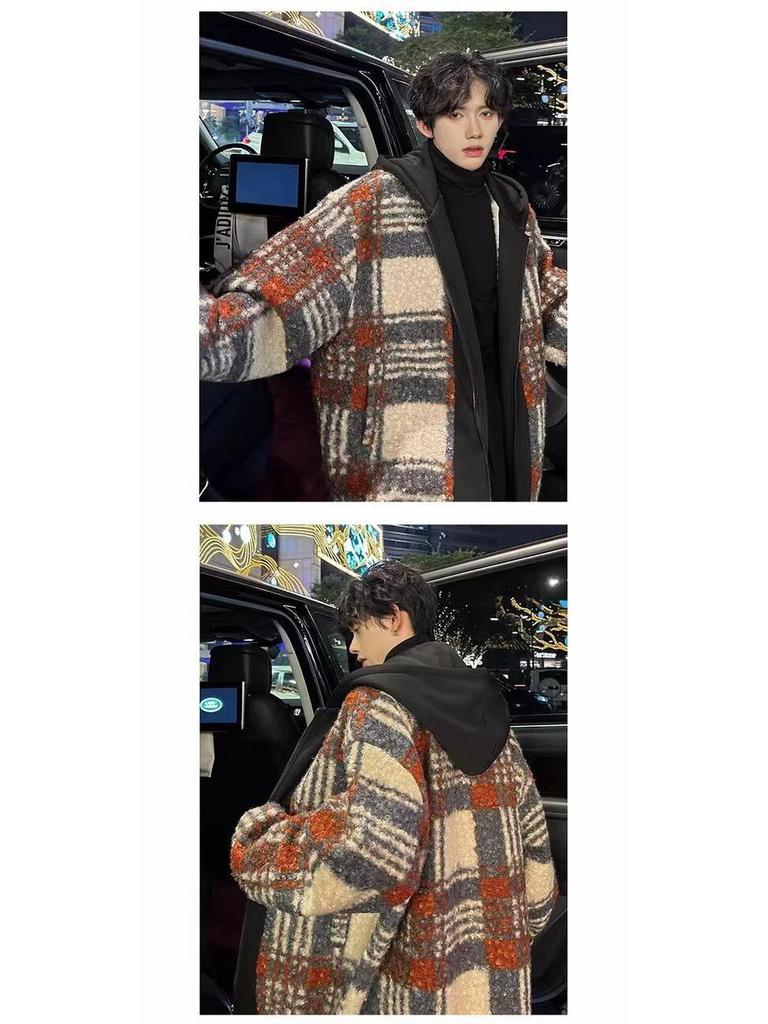 Men's Retro Plaid Patchwork Wool Hooded Jacket - Double-Sided, Thickened Outerwear for Autumn/Winter