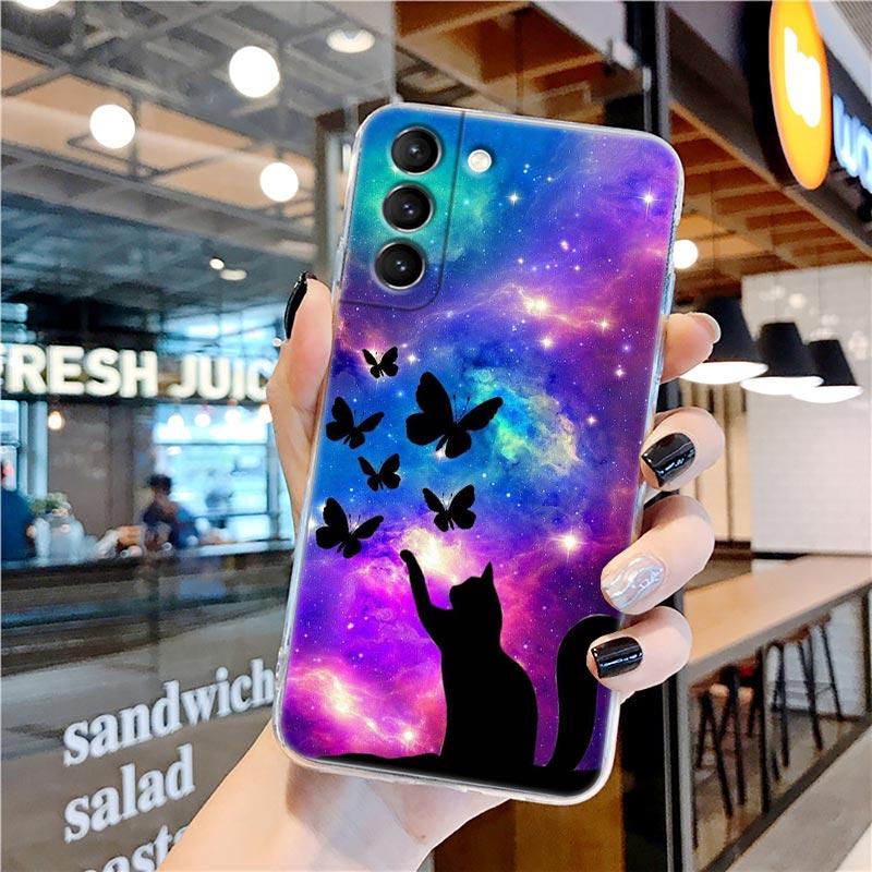 Funny Cartoon Line Art Cat Cute Animal Transparent Case for Samsung Galaxy S22 S21 S20 FE S 22 Ultra S10E S9 Plus 5G Cover Coque