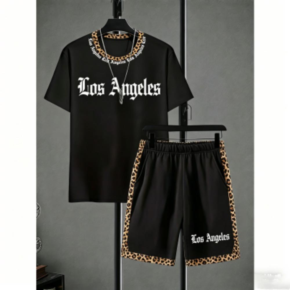 Men's Set Letter Leopard Colorful Printed Men's T-shirt and Shorts 2 Piece Set Summer Casual Outdoor Men's and Women's Outfit Clothing
