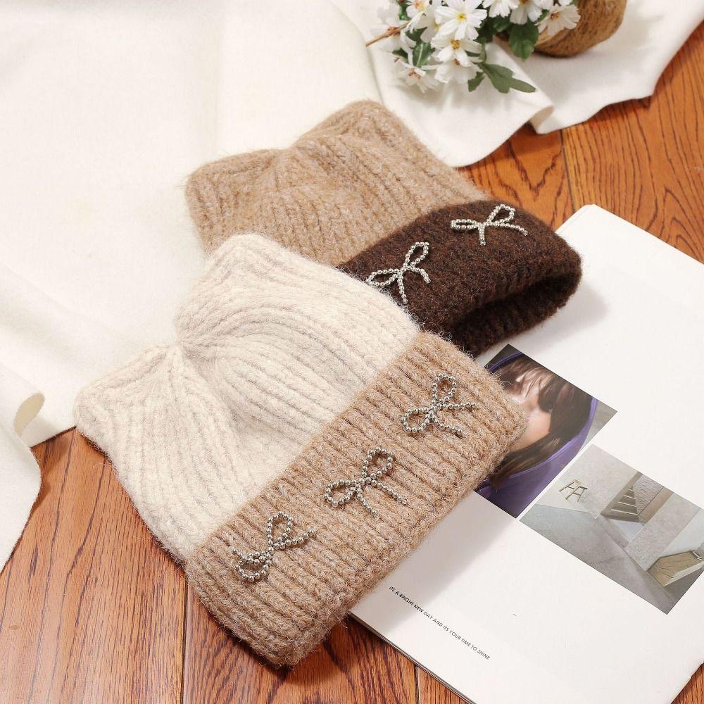 Casual Bowknot Knitted Hat Cat Ear Fiber Winter Hat Knitted Windproof Wool Hat