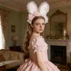 Plush Sweet Rabbit Ears Headband With Elegant Lace And Bowknot Detachable For Cosplay Party And Daily Wear