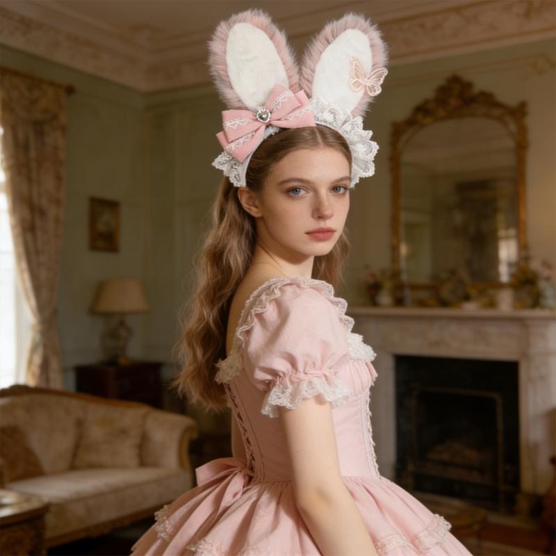 Plush Sweet Rabbit Ears Headband With Elegant Lace And Bowknot Detachable For Cosplay Party And Daily Wear