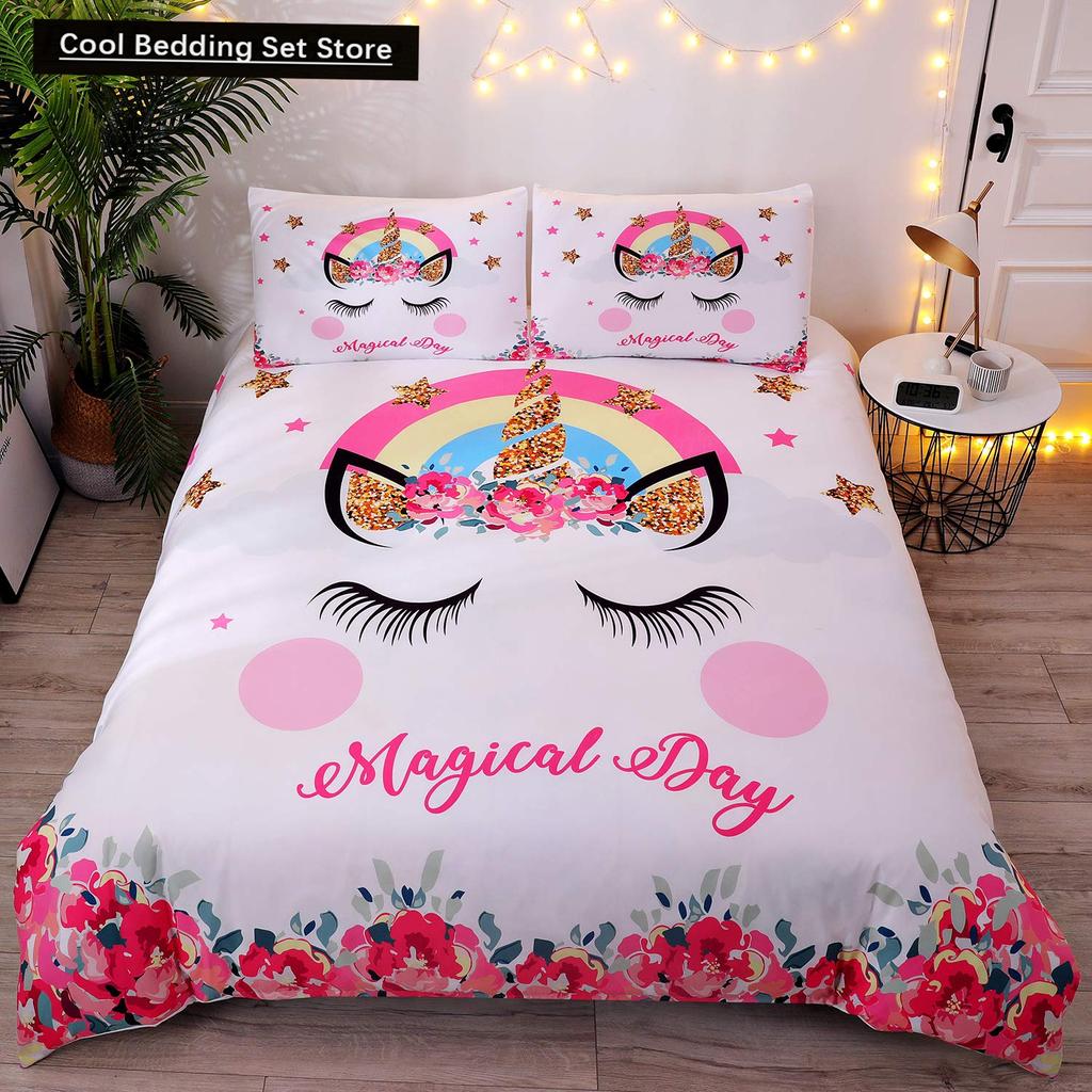 Kids Unicorn Eyelash Pink Princess Duvet Cover King Queen Bedding Set Fairy Magic Animal Closed Eye 2/3pcs Polyester Quilt Cover