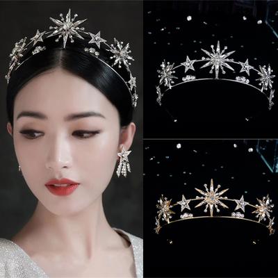 Vintage Europejska Korona Ślubna Tiara 6-ramienna Złota Cyrkonia Biżuteria do Włosów Księżniczka Kobiety Opaska Ślubne Akcesoria do Włosów