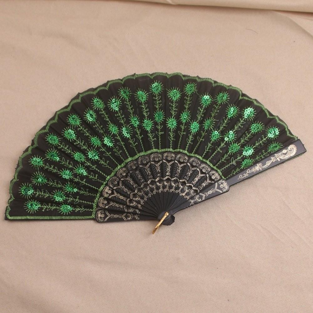 Sequin Embroidery Chinese Folding Fan Peacock Pattern Handheld Fan Plastic Fan Home Decor