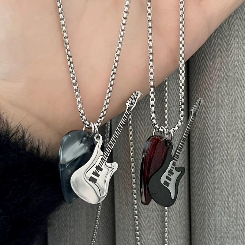 Fashion Hip-Hop Guitar Pick Pendant Necklace For Women Men Punk Titanium Steel Guitar Chain Trendy Electric Guitar Sweater Chain