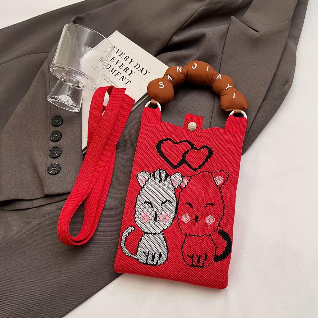 Sommer Damen Niedliche Mini-Tasche Vielseitige Mode Handytasche Cartoon Gestrickte Handtasche Umhängetasche Umhängetasche