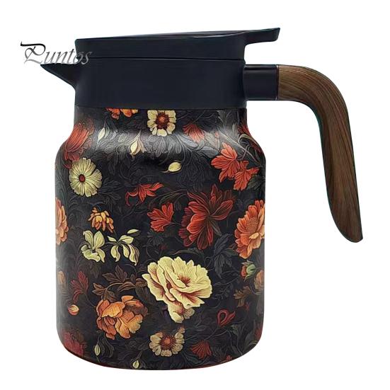 

Винтажный заварочный чайник с цветочным узором и встроенным фильтром, V-образным носиком, заварочный чайник для воды под давлением, 1000 мл, изолированный заварочный чайник из нержавеющей стали для Wooden handle