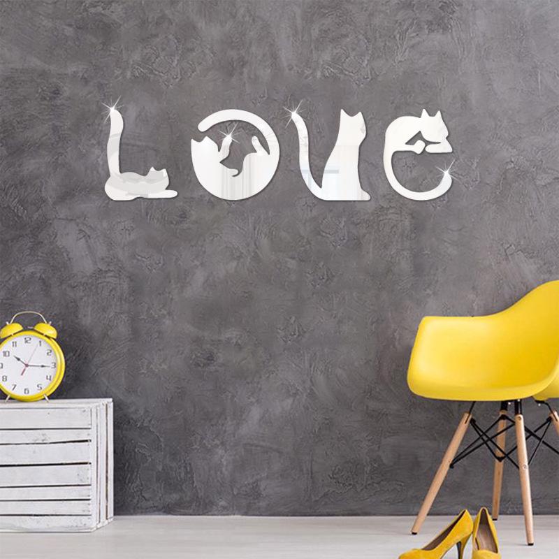 3D Acrylic Cat Cartoon Animal Mirror Wall Sticker - LOVE Design for Bedroom/TV Background