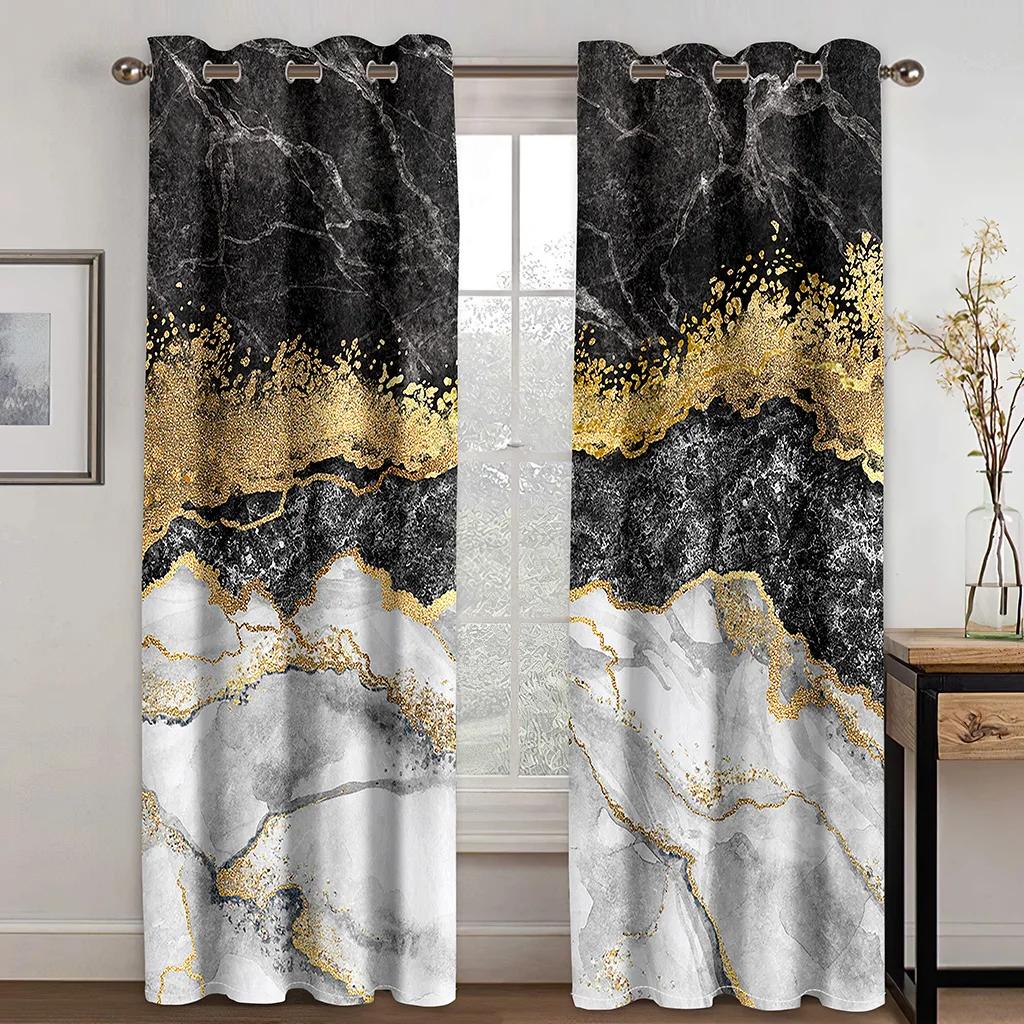 3D Moderne Klassisk Marmor Grønt Gull Elegant Grå 2 Panel Tynn skyggelegging Polyester Vindusgardin for soverom Stueinnredning