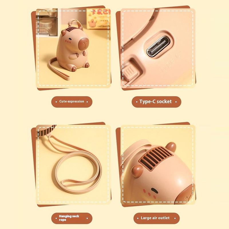 Neck Strap Capybara Hanging Neck Fan Small Size Usb Charging Handheld Fan Cartoon Air Cooler Cooling Fan Outdoor